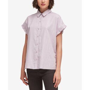 NWT Womens Size Medium DKNY Purple Ruffle-Trim Lurex Striped Button Down Shirt
